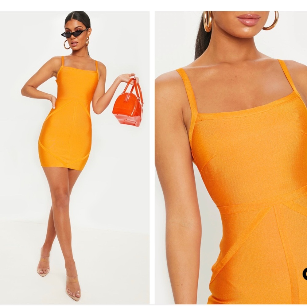 PLT - Bright Orange Strappy Square Neck Bodycon Bandage Dress